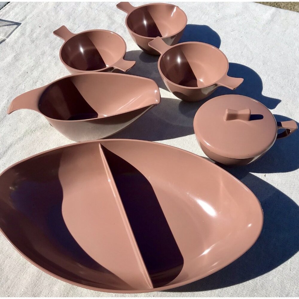 Vtg MCM Marcrest Melmac Divided Oval Serving Dish Bowl Set Cocoa Brown Retro Lot